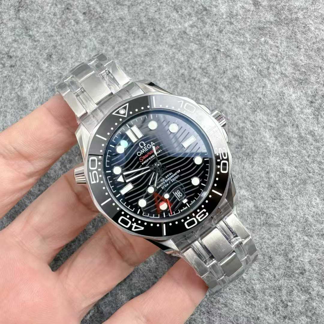 VSF Seamaster 300M V4 dial at an angle — smooth wave-texture depth and three-dimensional highlights