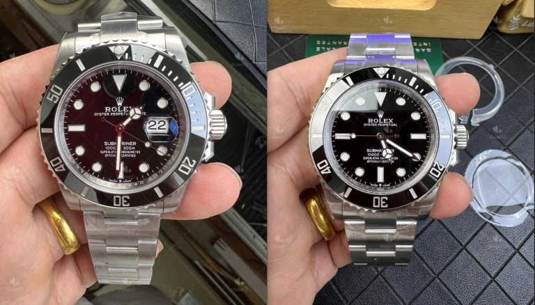 VSF 124060 and VSF 126610LN side by side, both black ceramic bezels in frame, focusing on the "Submariner Date" text difference at six o'clock